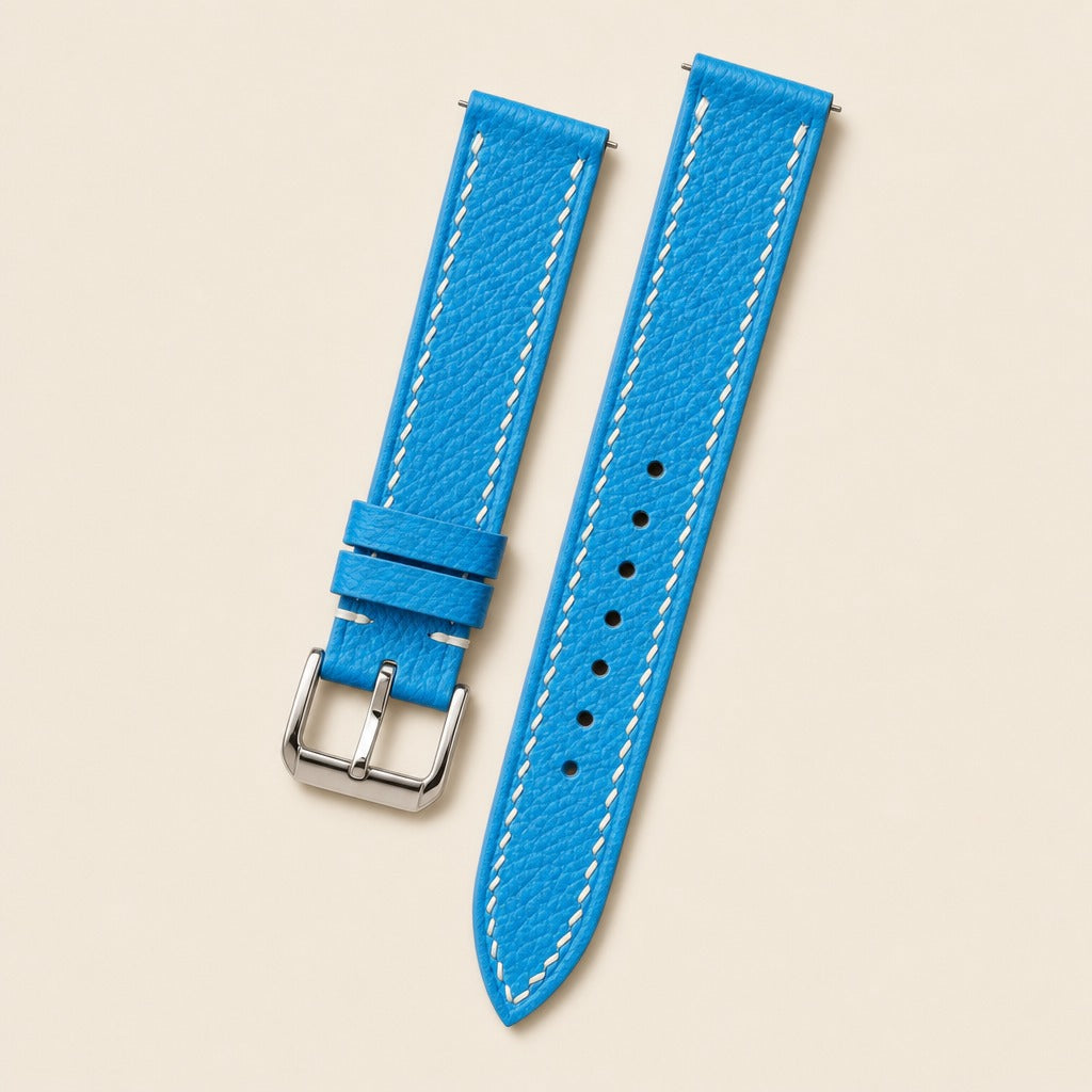 Sky Blue Epsom Leather Watch Strap leather watch strap, flat lay