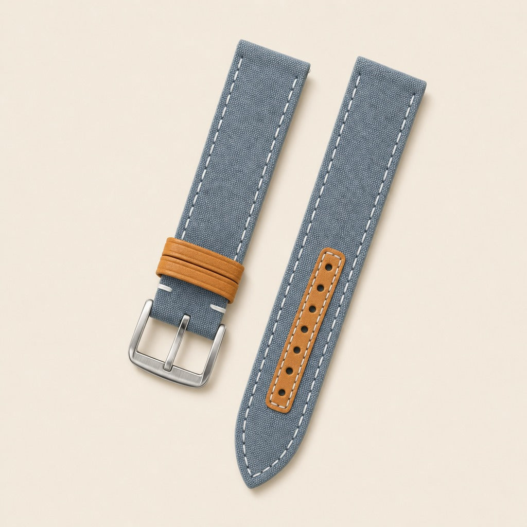 Slate Grey & Brown Canvas Watch Strap leather watch strap, flat lay