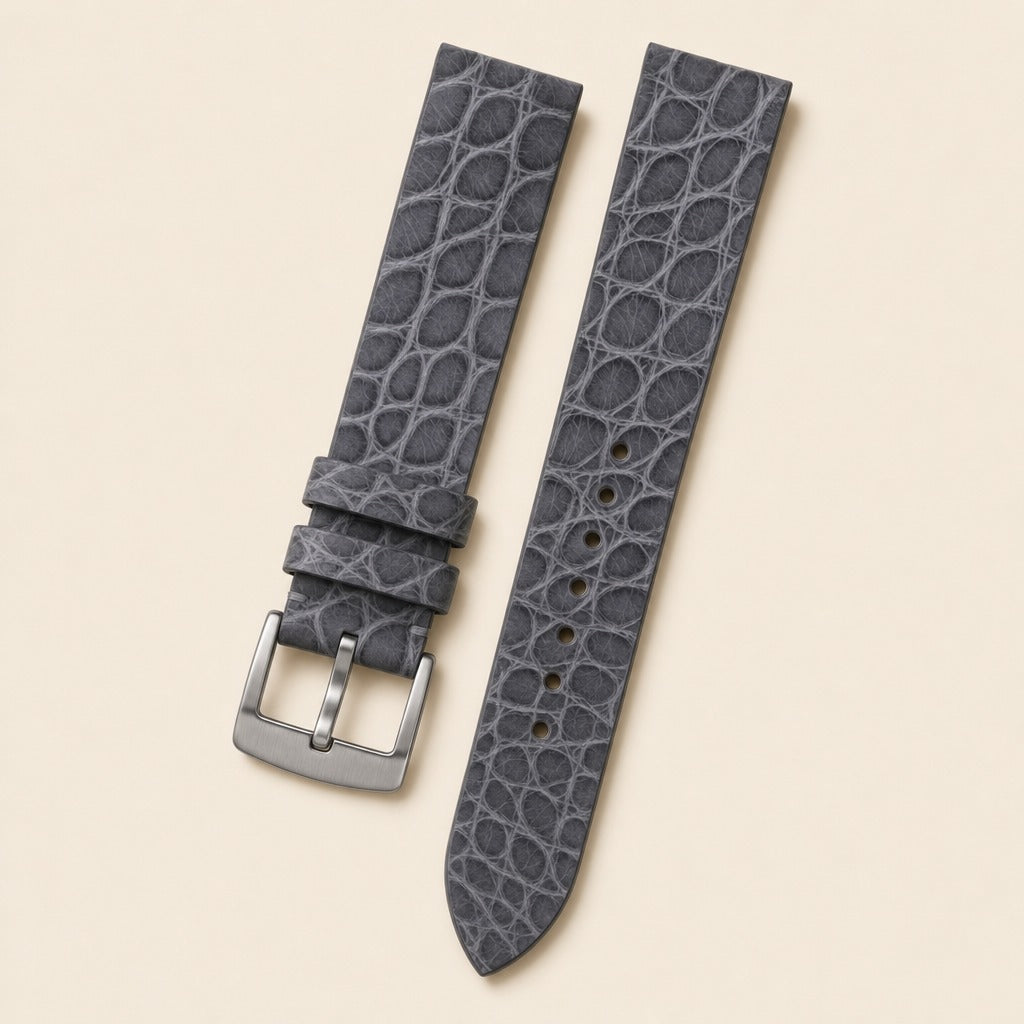 Stone Grey & Grey Alligator Leather Watch Strap leather watch strap, flat lay