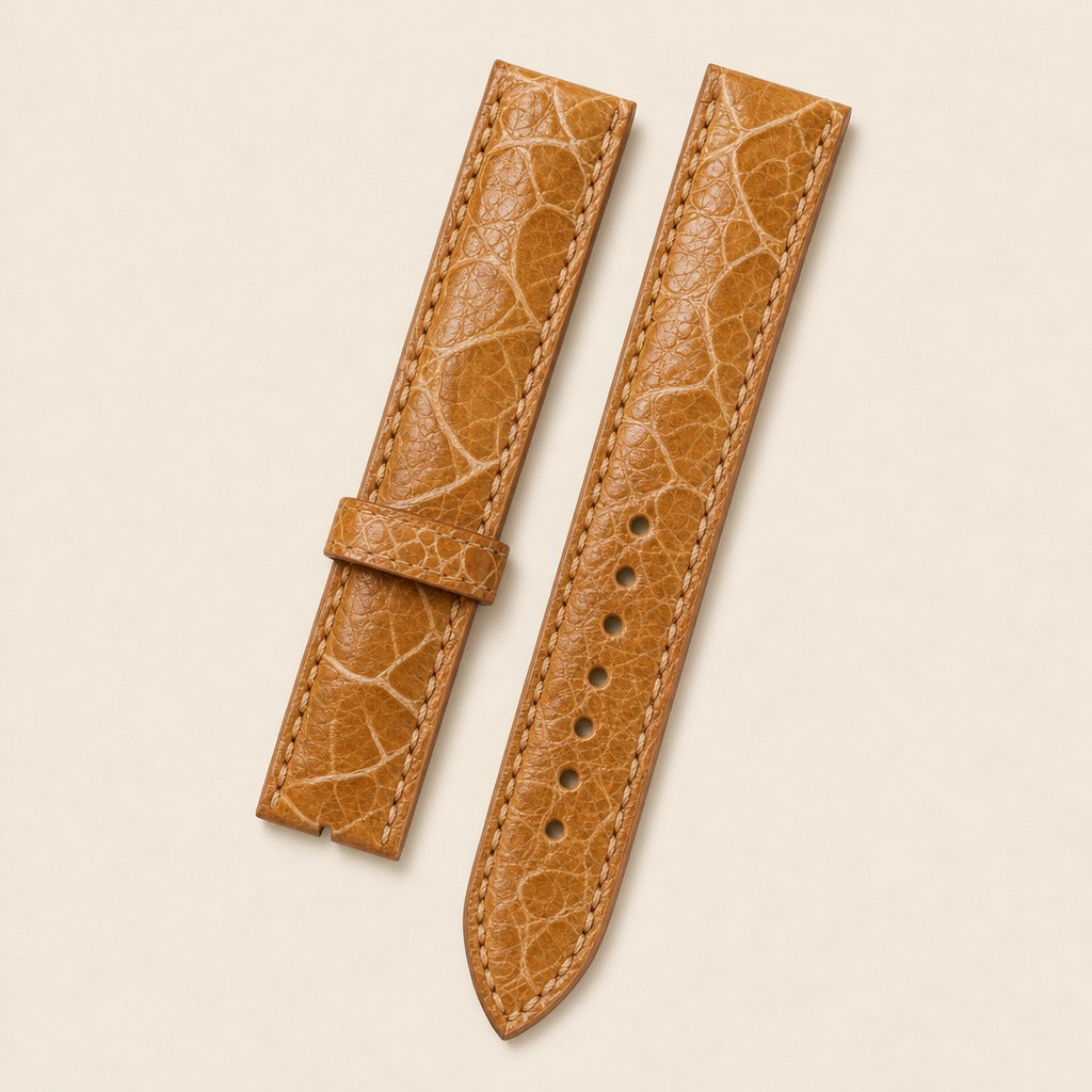 Tan & Chestnut Ostrich Leather Watch Strap leather watch strap, flat lay