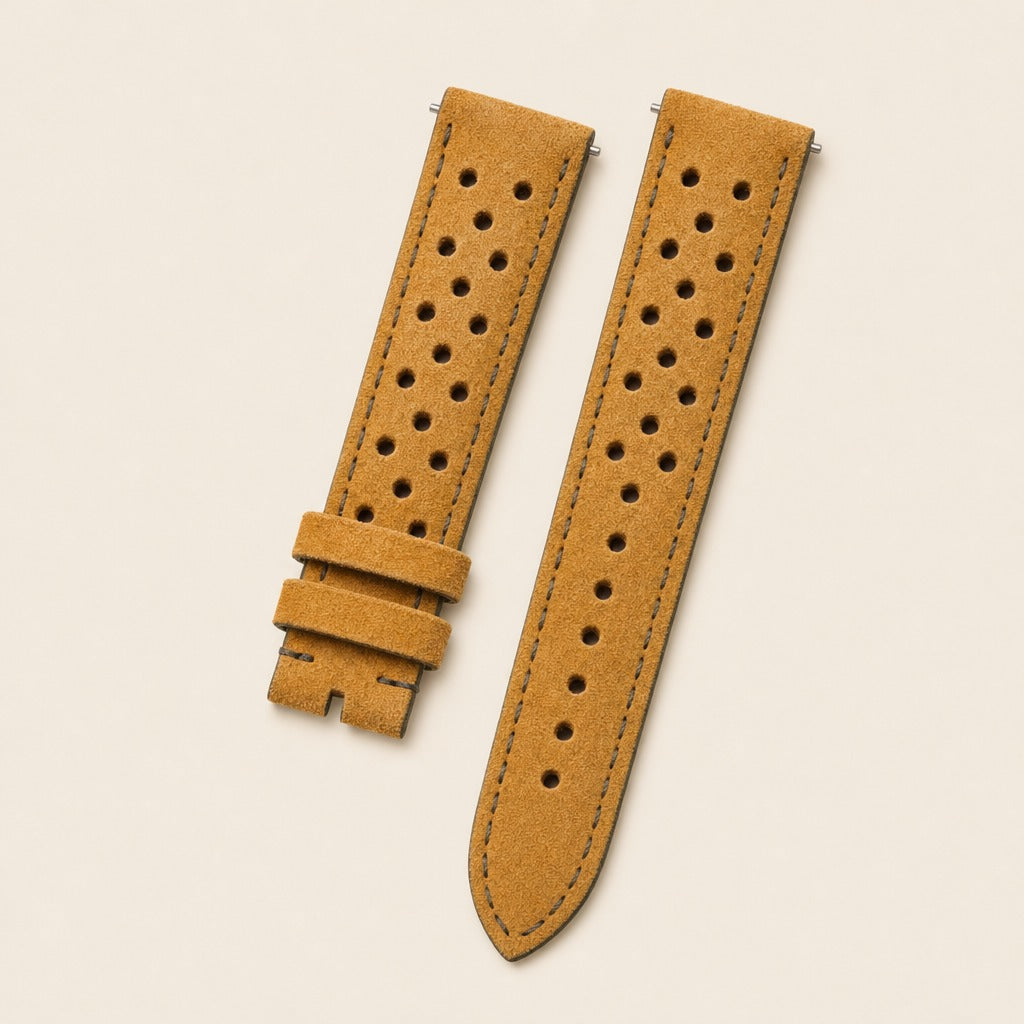 Tan Brown Rally Suede Leather Watch Strap leather watch strap, flat lay