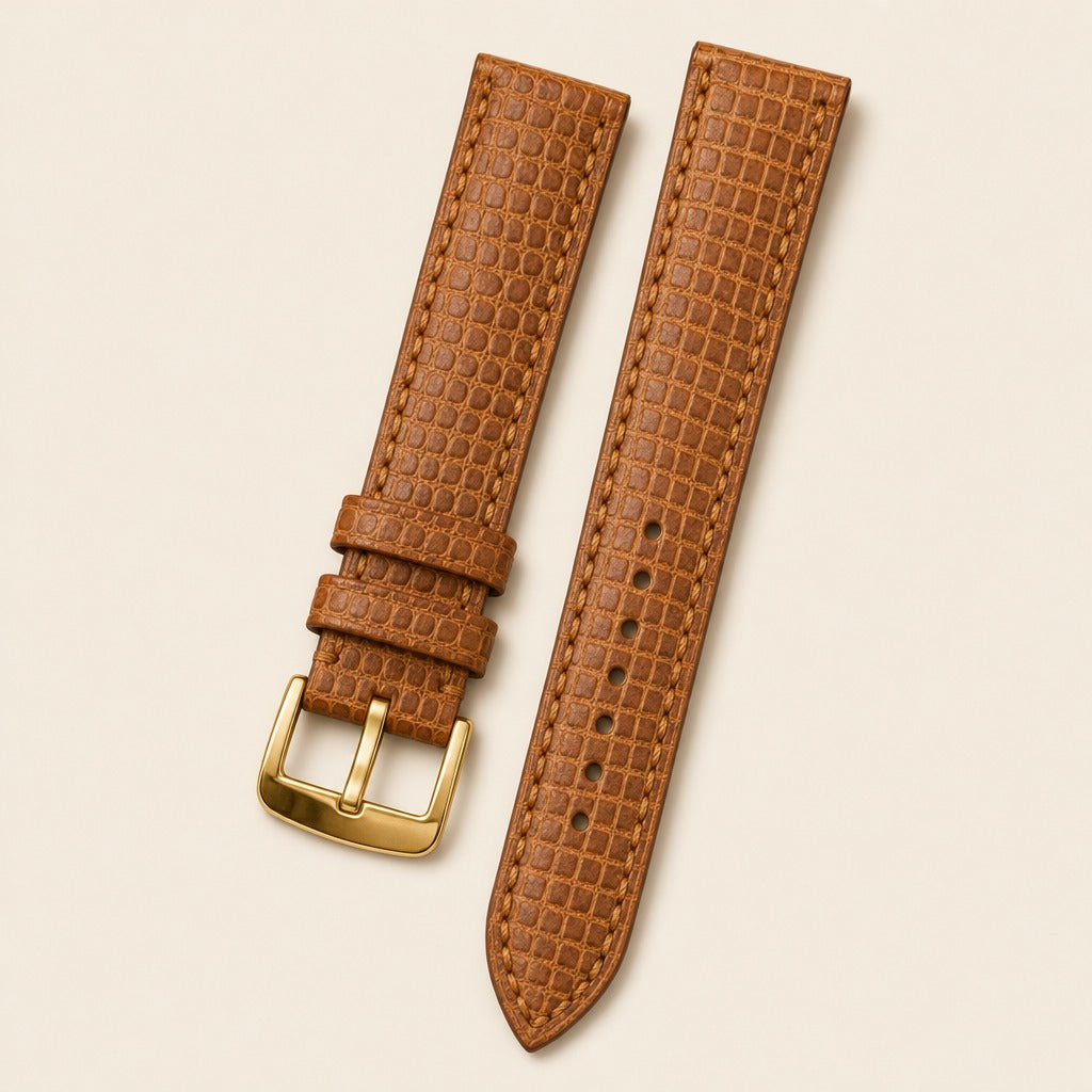 Tan Lizard Leather Watch Strap leather watch strap, flat lay