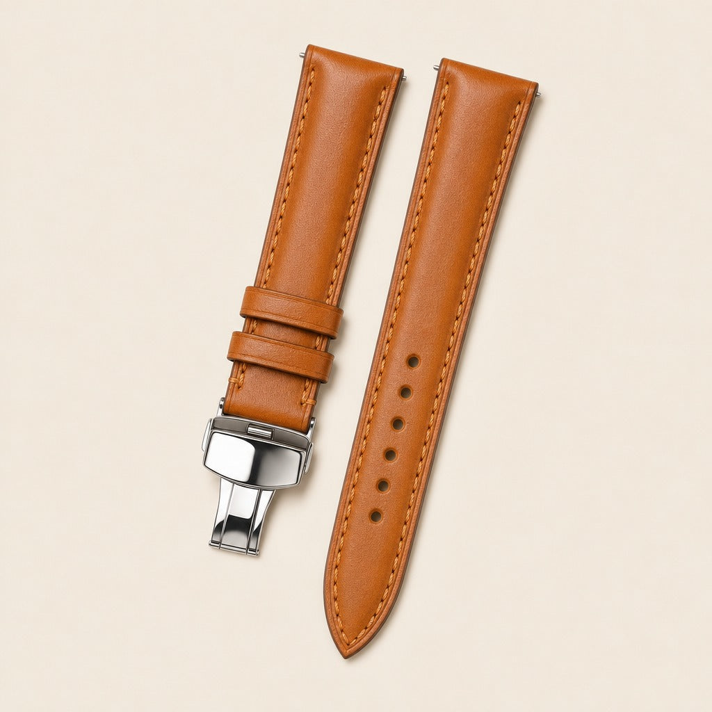Tan Maya Leather Watch Strap leather watch strap, flat lay