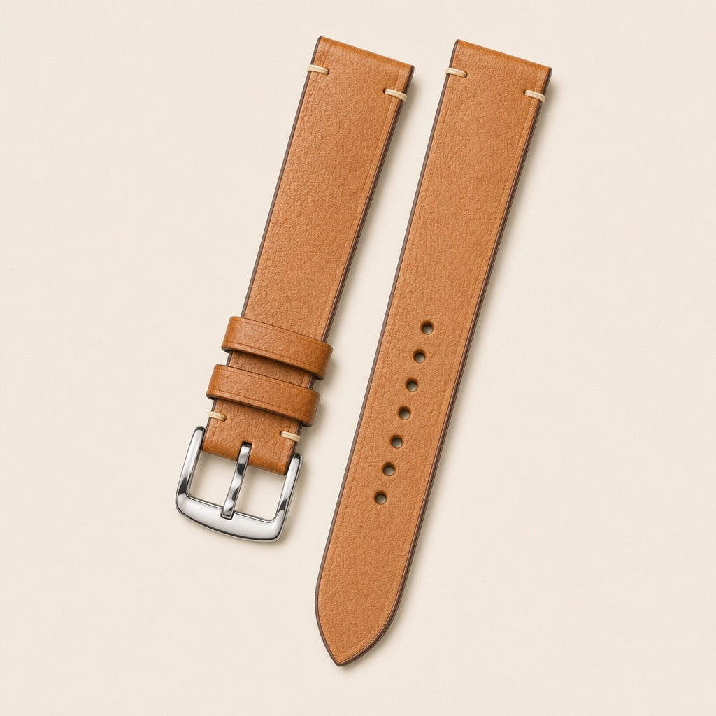 Tan Vachetta Leather Watch Strap leather watch strap, flat lay