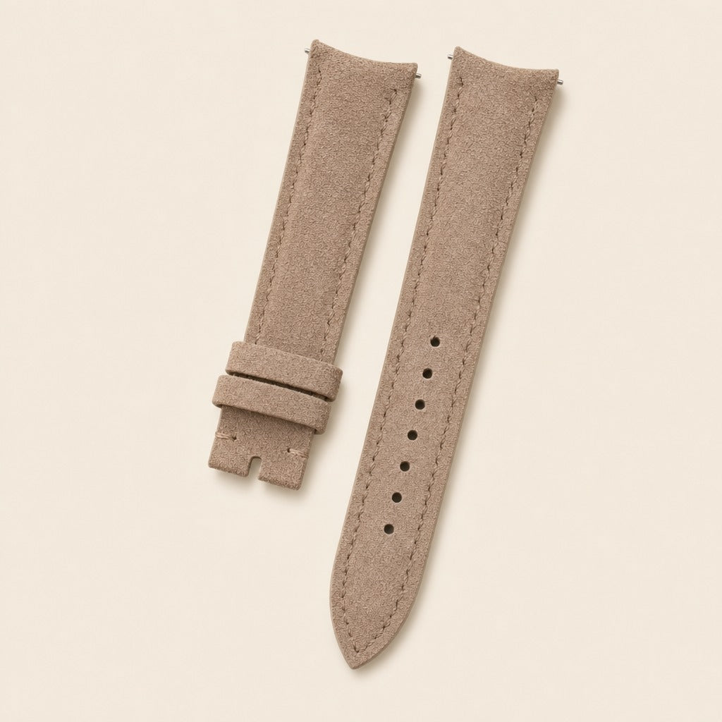 Taupe Suede Leather Watch Strap leather watch strap, flat lay