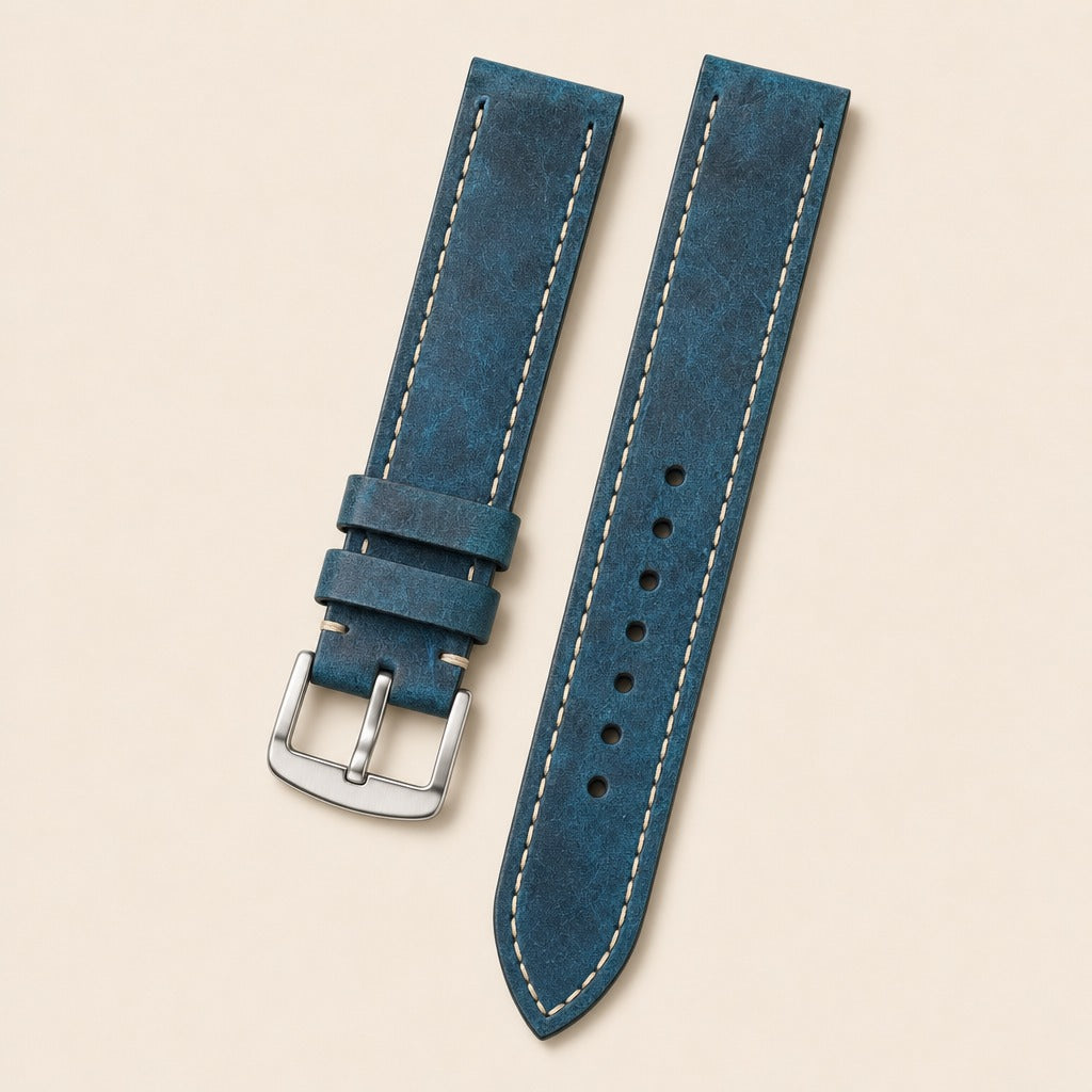 Teal Blue Waxed Leather Watch Strap leather watch strap, flat lay