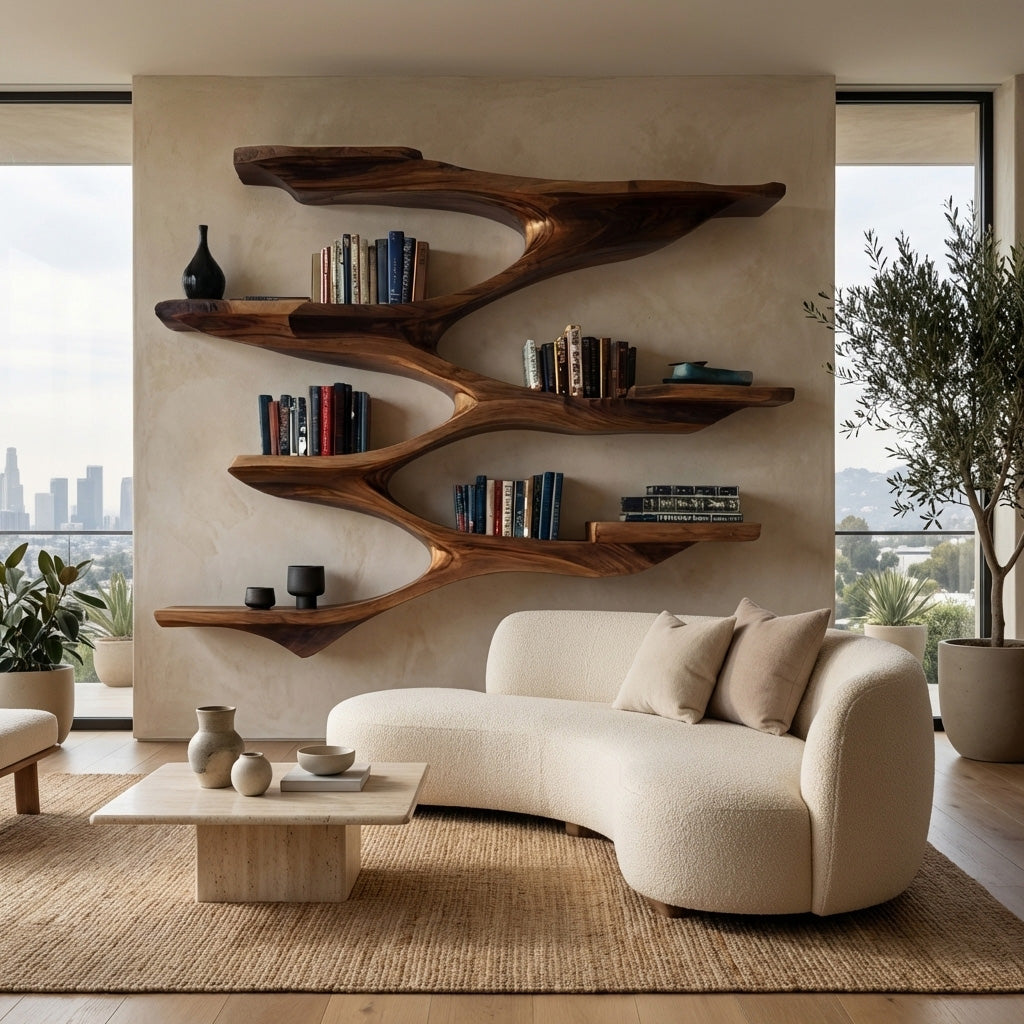 Mid-Century Solid Wood Wall Shelf with Sculptural Tiered Spine