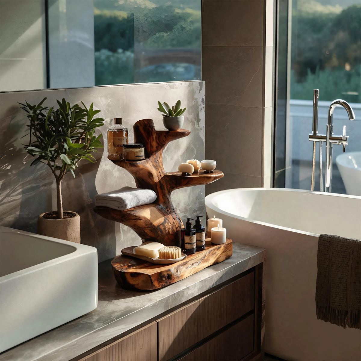 Modern Organic Solid Wood Countertop Bathroom Shelf with Tiers
