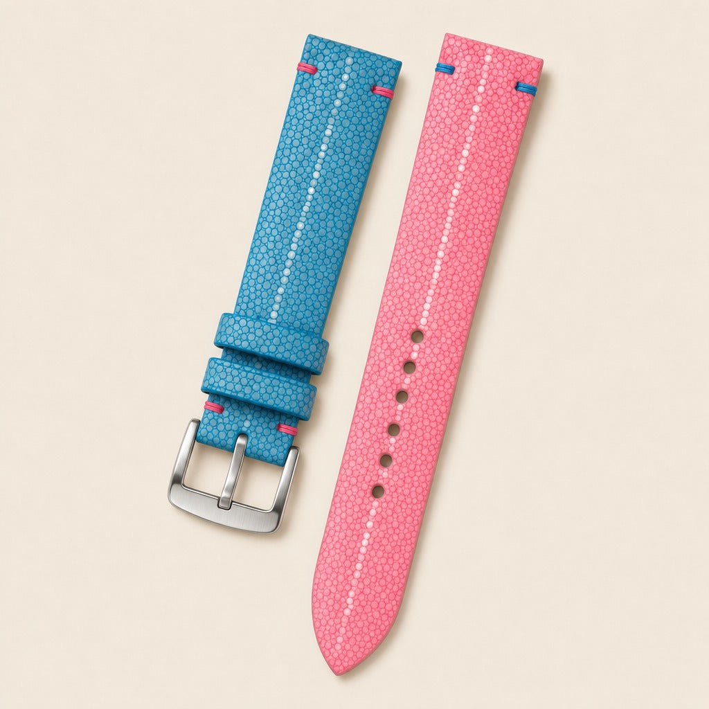 Turquoise & Pink Stingray Leather Watch Strap leather watch strap, flat lay
