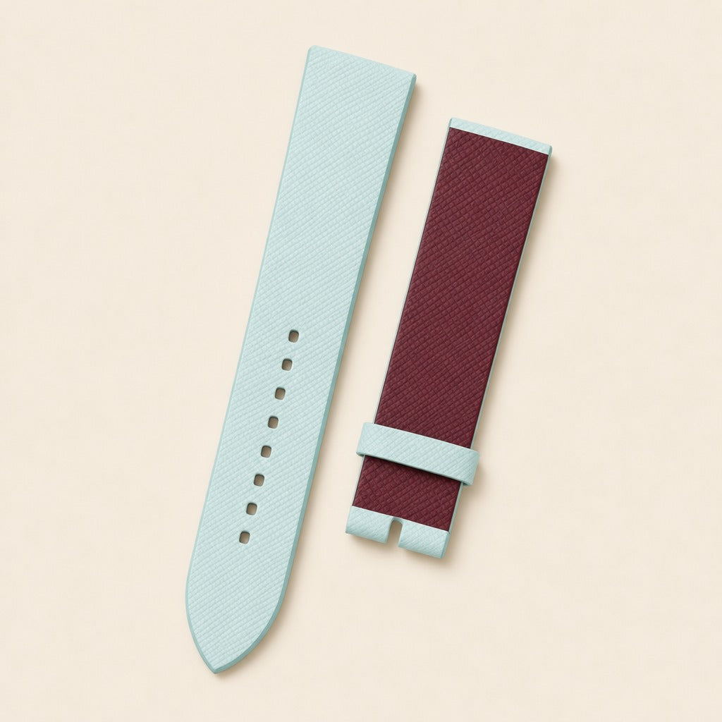 Turquoise & Red Saffiano Leather Watch Strap leather watch strap, flat lay