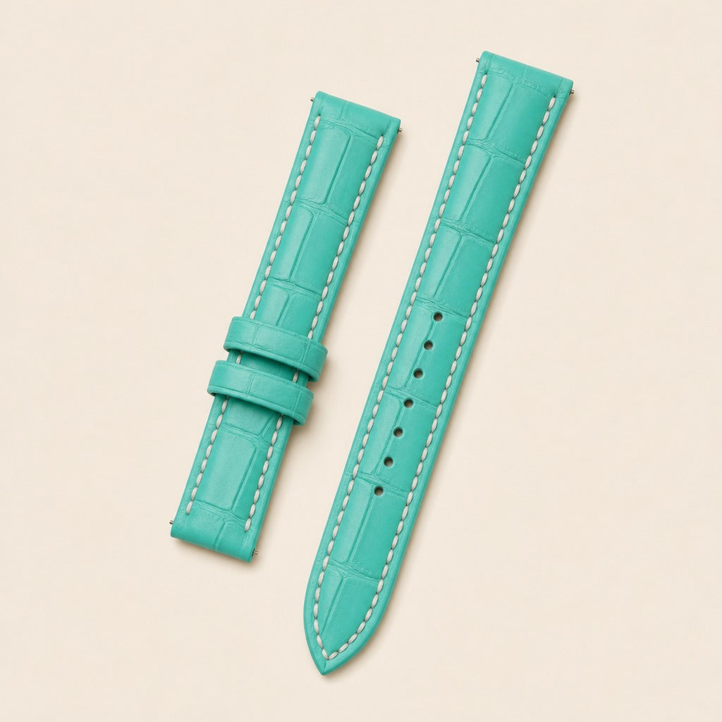Turquoise Blue Alligator Leather Watch Strap leather watch strap, flat lay