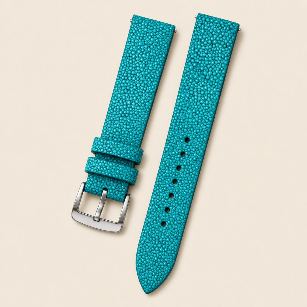 Turquoise Stingray Leather Watch Strap leather watch strap, flat lay