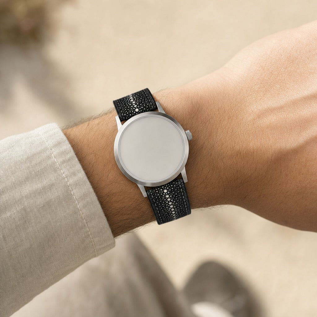 Vintage Black Stingray Leather Watch Strap worn on the wrist