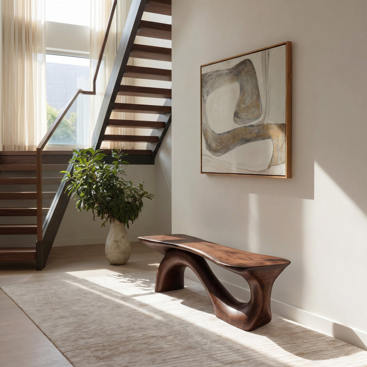 Sculptural Solid Wood Bench with Organic Curves for Living Room in Walnut finish