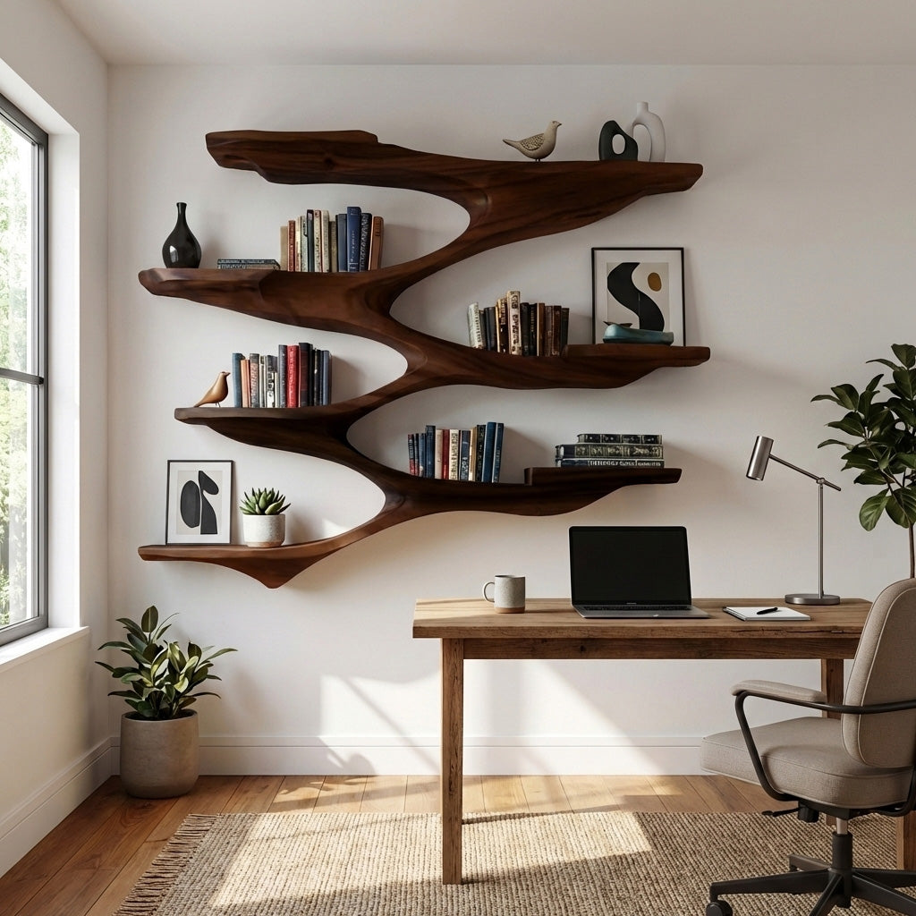Mid-Century Solid Wood Wall Shelf with Sculptural Tiered Spine in Walnut finish