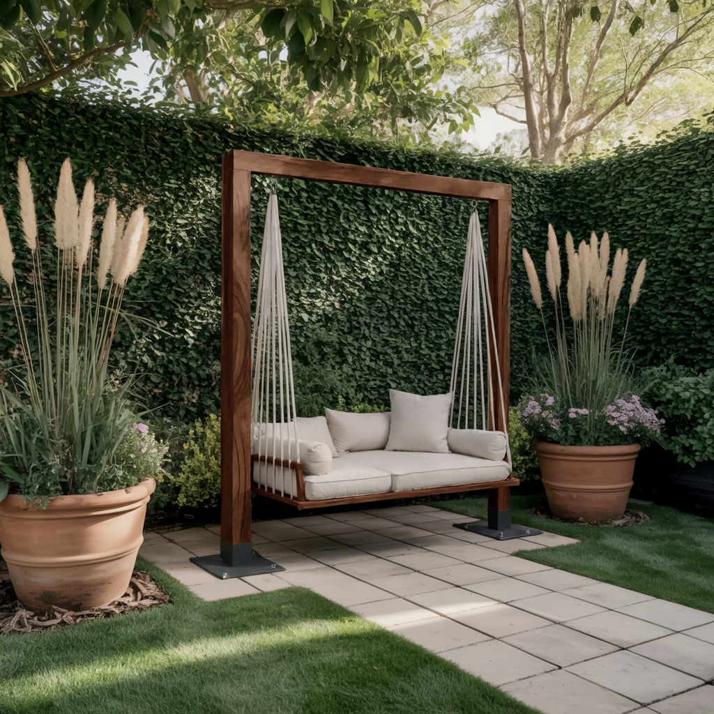Solid Wood Freestanding Outdoor Daybed Swing with Rope Suspension in Walnut finish