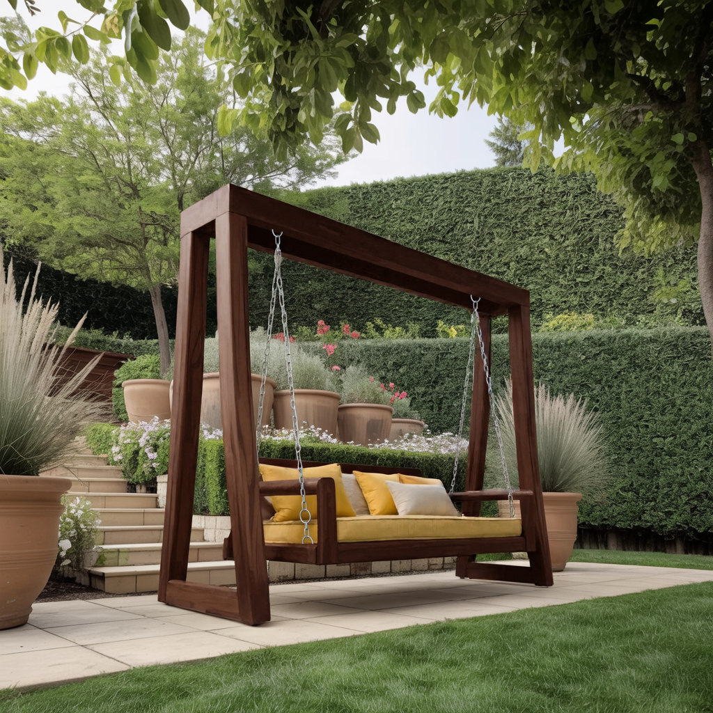Contemporary Solid Wood A-Frame Outdoor Swing Bench for Patio in Walnut finish
