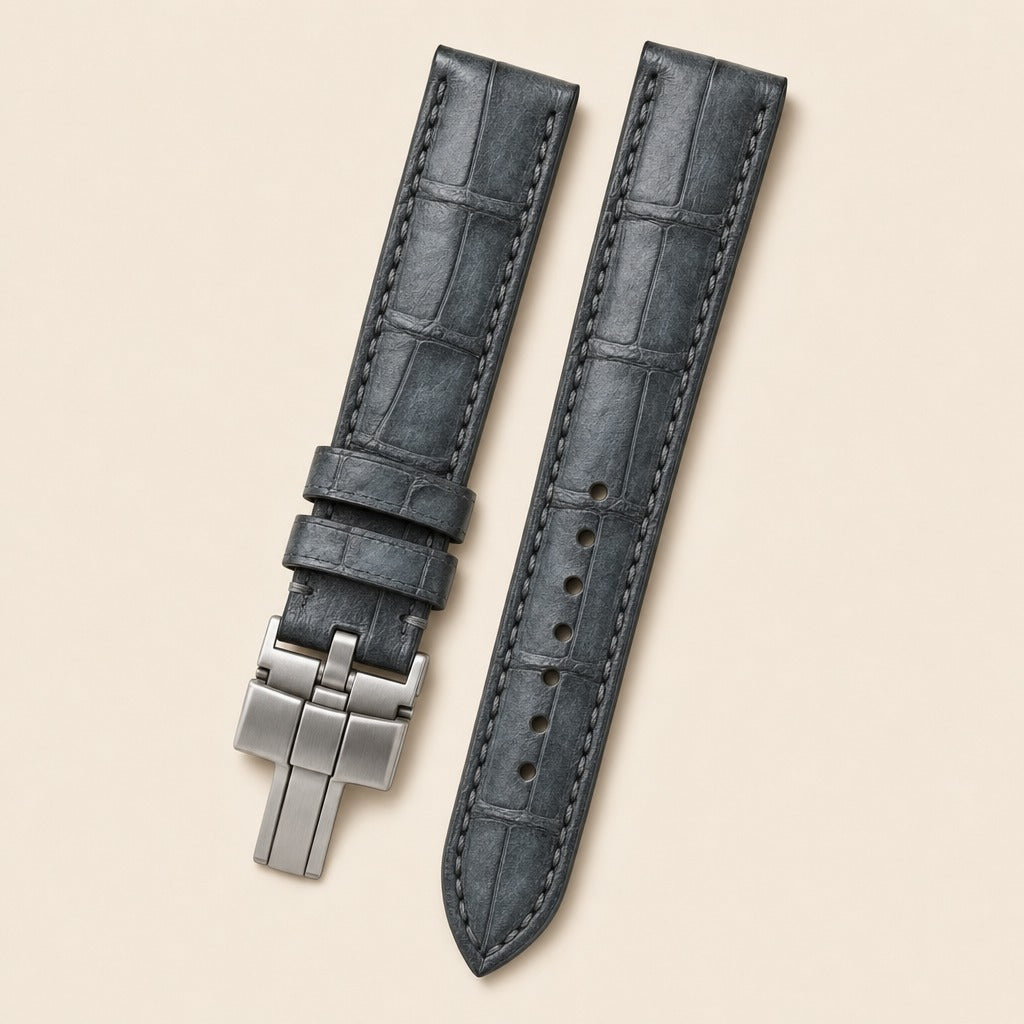 Waxy Black Alligator Leather Watch Strap leather watch strap, flat lay