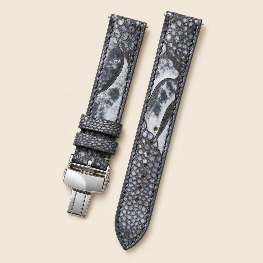 Waxy Black Ostrich Leg Leather Watch Strap leather watch strap, flat lay
