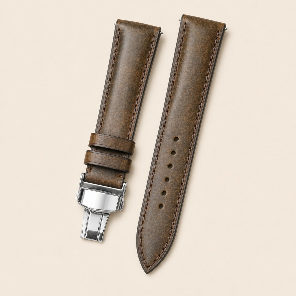 Waxy Brown Maya Leather Watch Strap leather watch strap, flat lay