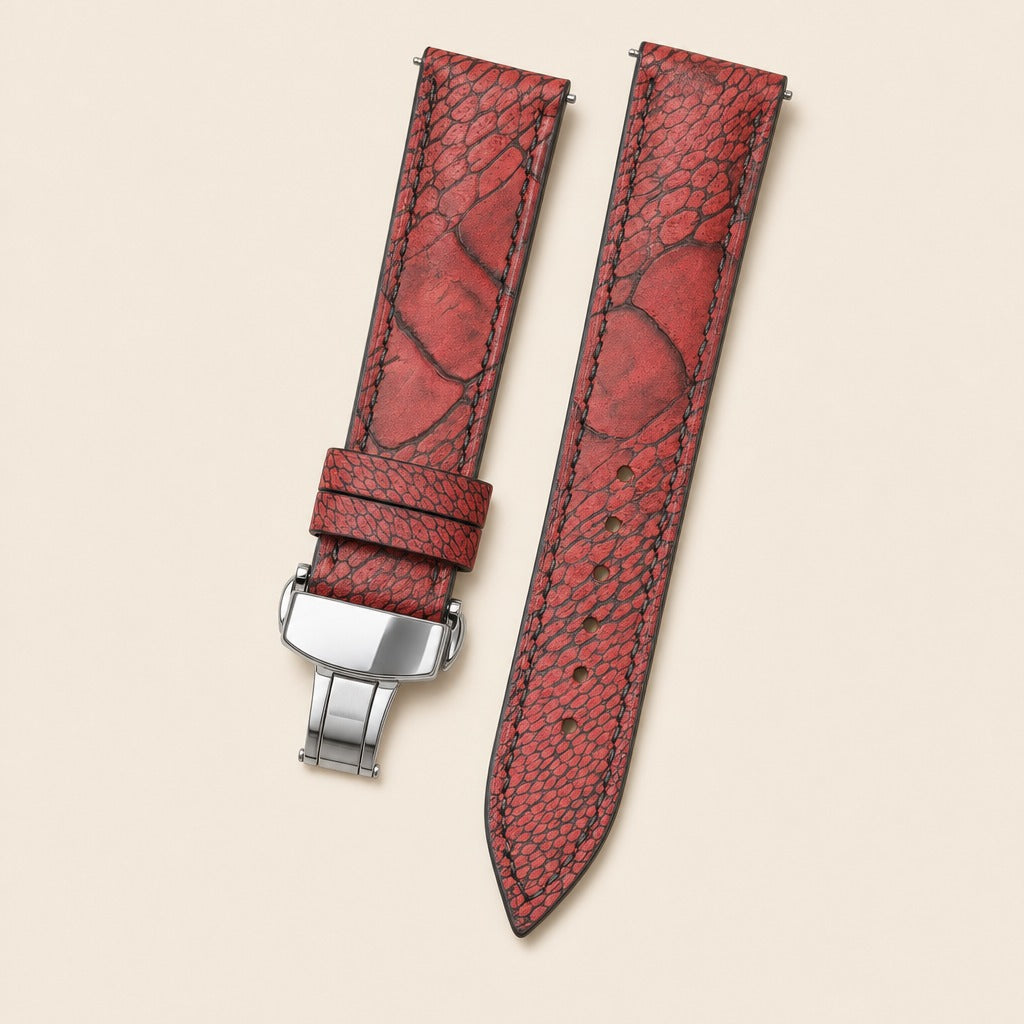 Waxy Red Ostrich Leg Leather Watch Strap leather watch strap, flat lay