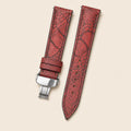 Waxy Red Ostrich Leg Leather Watch Strap leather watch strap, flat lay