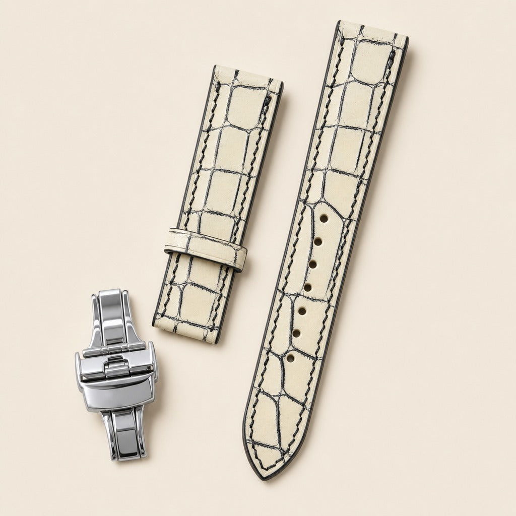 White & Black Alligator Leather Watch Strap leather watch strap, flat lay