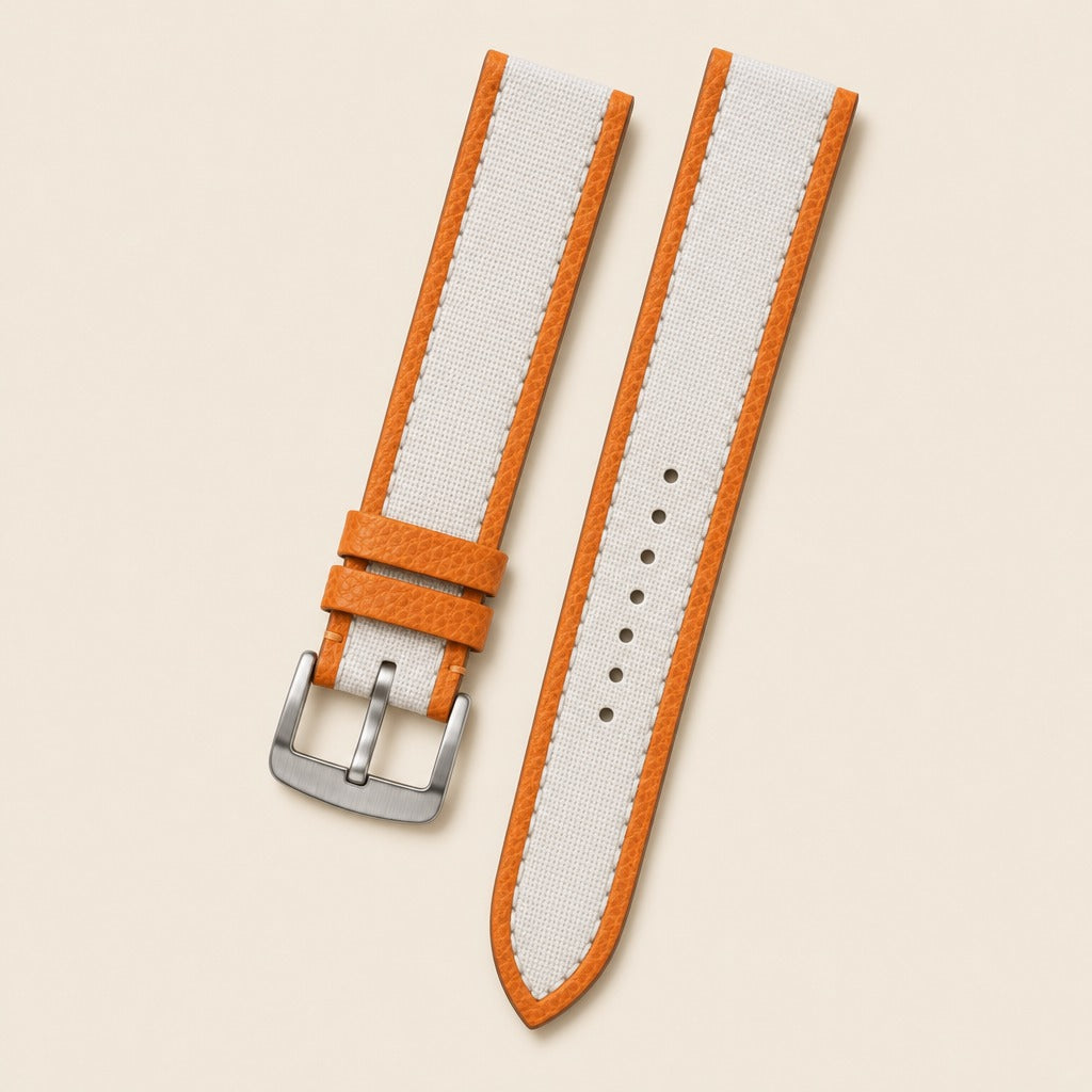 White & Orange Epsom Leather Watch Strap leather watch strap, flat lay