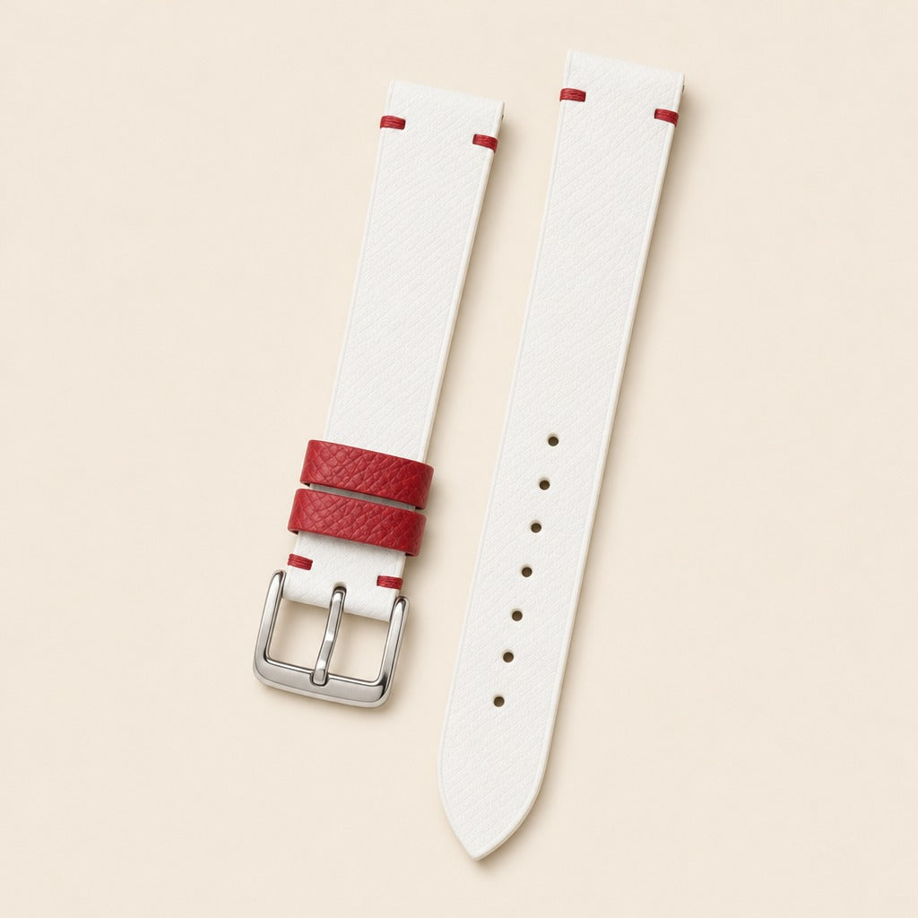 White & Red Epsom Leather Watch Strap leather watch strap, flat lay