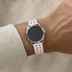 White & Red Rally Racing Epsom Leather Watch Strap worn on the wrist