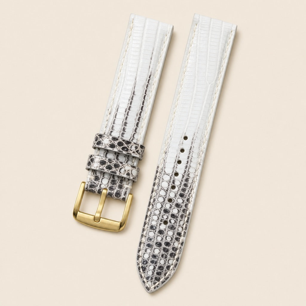 White Black Lizard Leather Watch Strap leather watch strap, flat lay