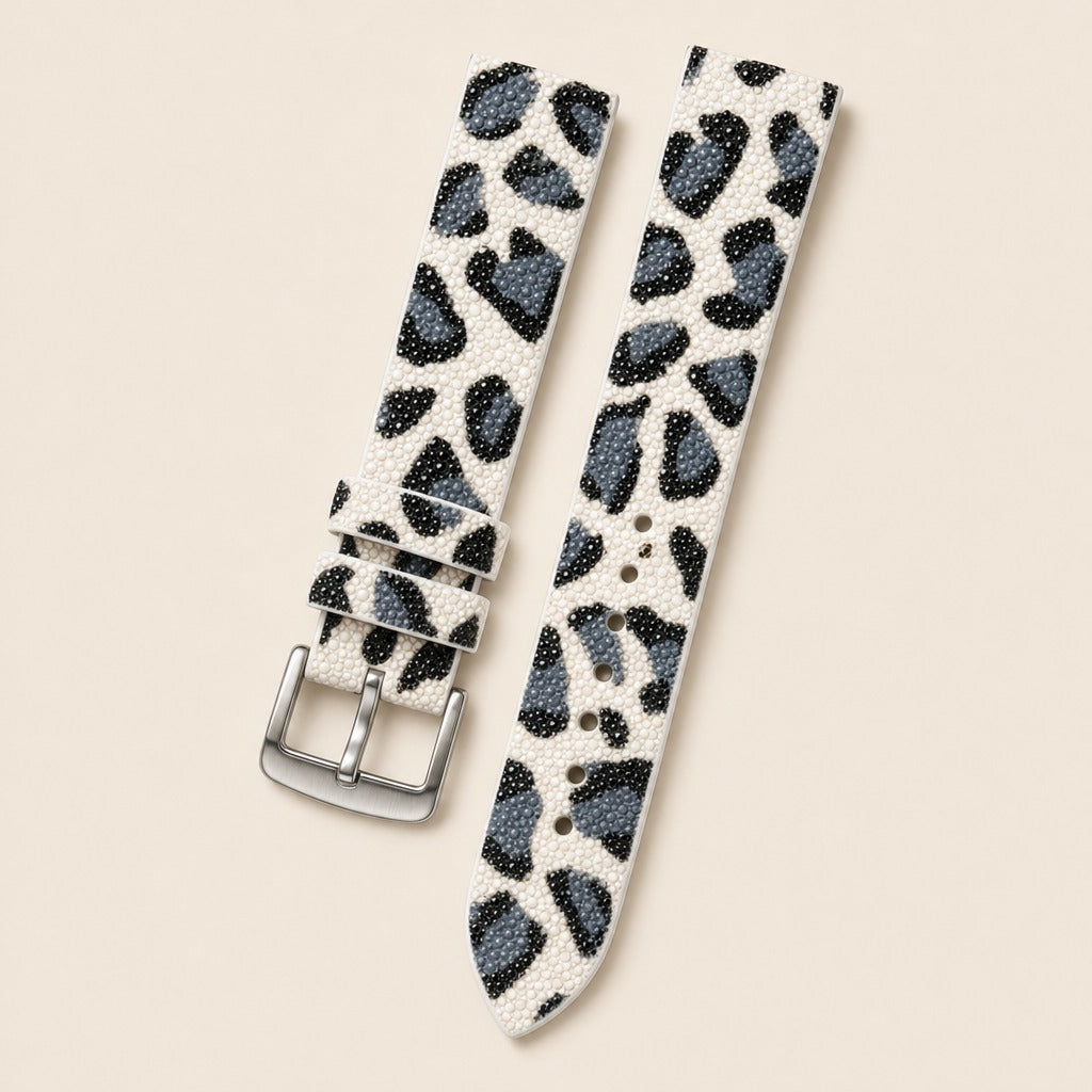 White Black Stingray Leather Watch Strap leather watch strap, flat lay