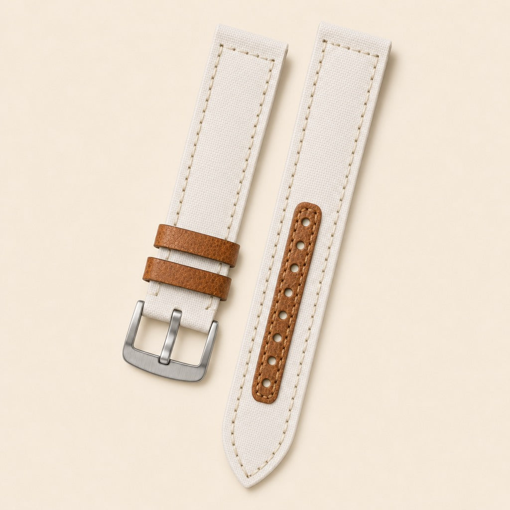 White Canvas Watch Strap leather watch strap, flat lay