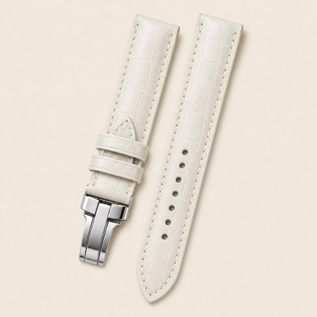 White Grey Alligator Leather Watch Strap leather watch strap, flat lay