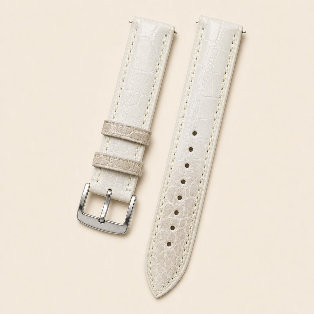 White Himalayan Alligator Leather Watch Strap leather watch strap, flat lay