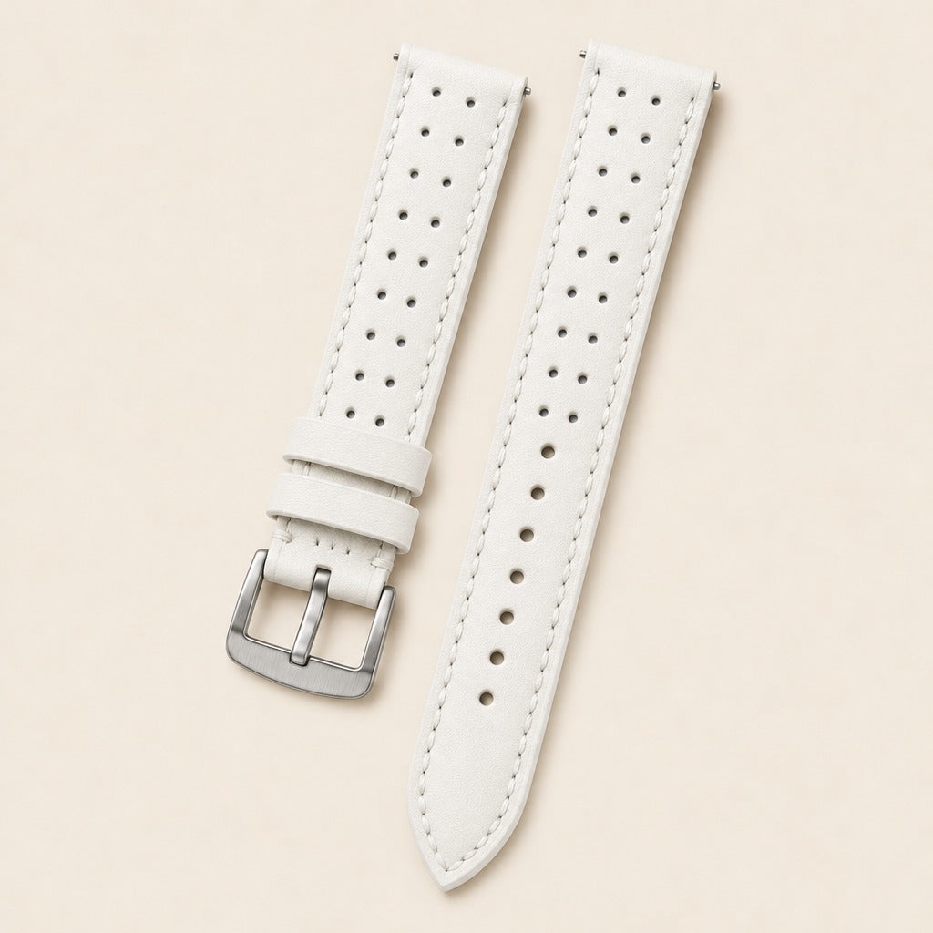 White Rally Swift Leather Watch Strap leather watch strap, flat lay