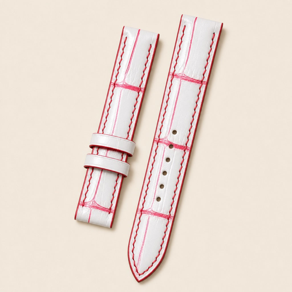 White Red Alligator Leather Watch Strap leather watch strap, flat lay