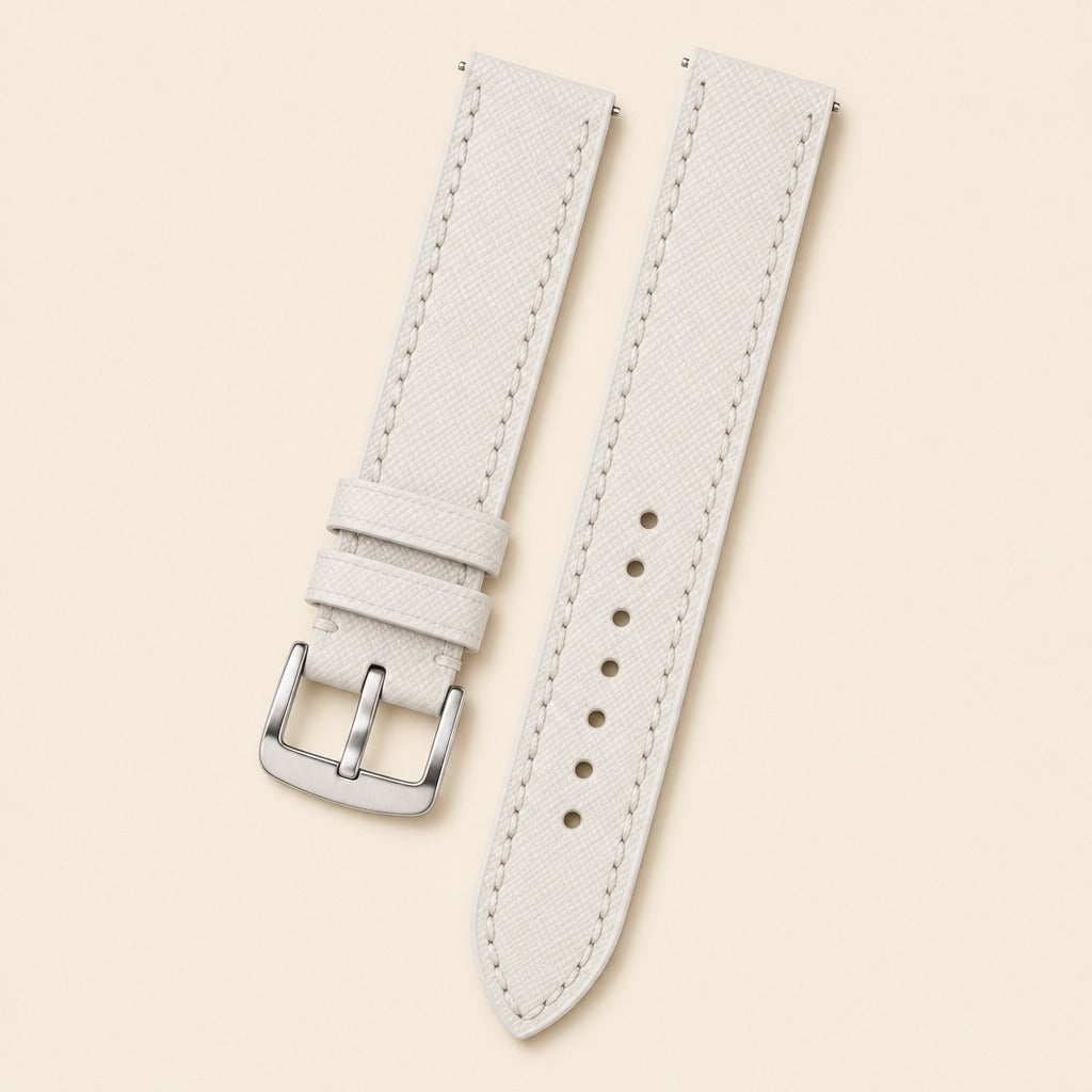 White Saffiano Leather Watch Strap leather watch strap, flat lay