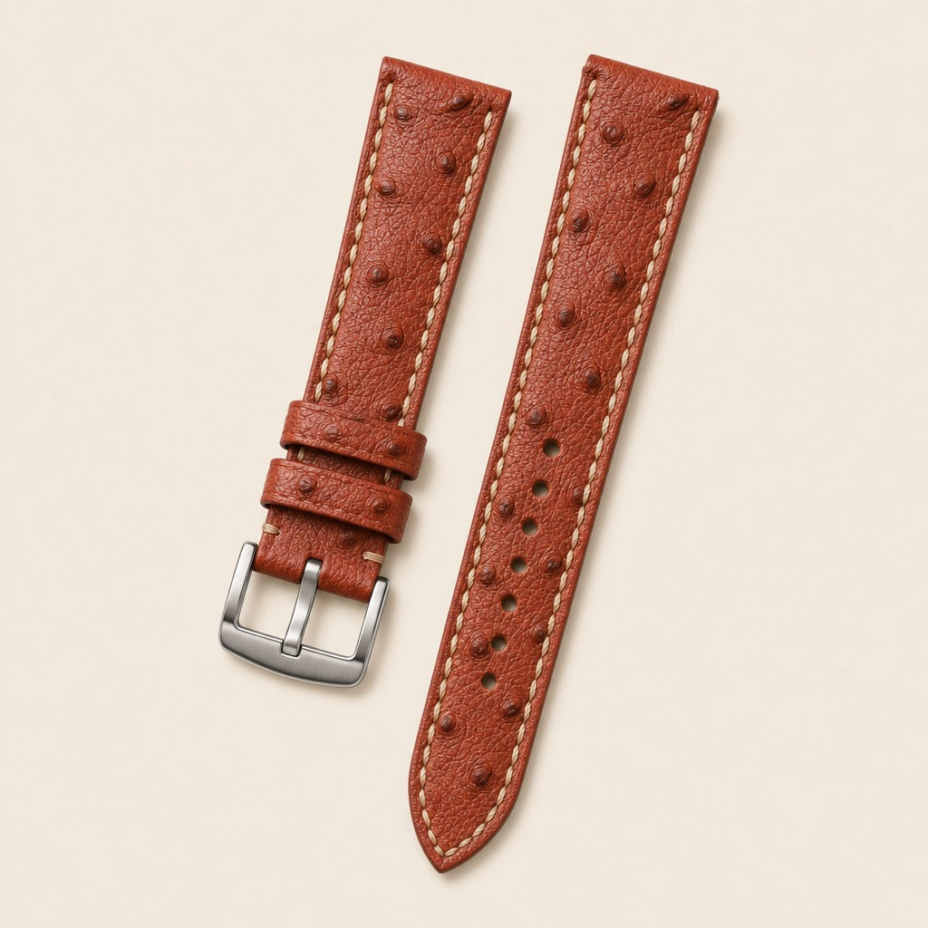 Wine Red Ostrich Leather Watch Strap leather watch strap, flat lay