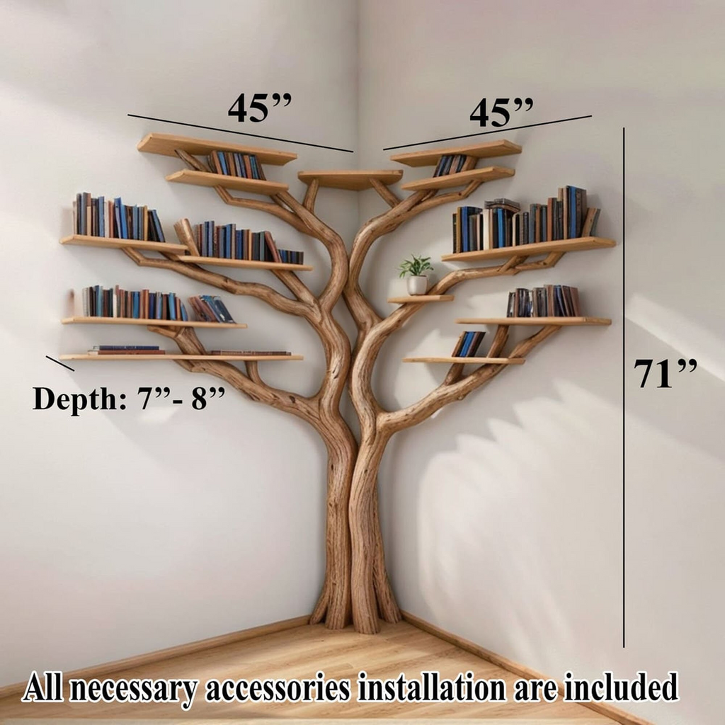 Tree Branch Floating Corner Bookshelf with Optional L-Shaped Bench - view 7