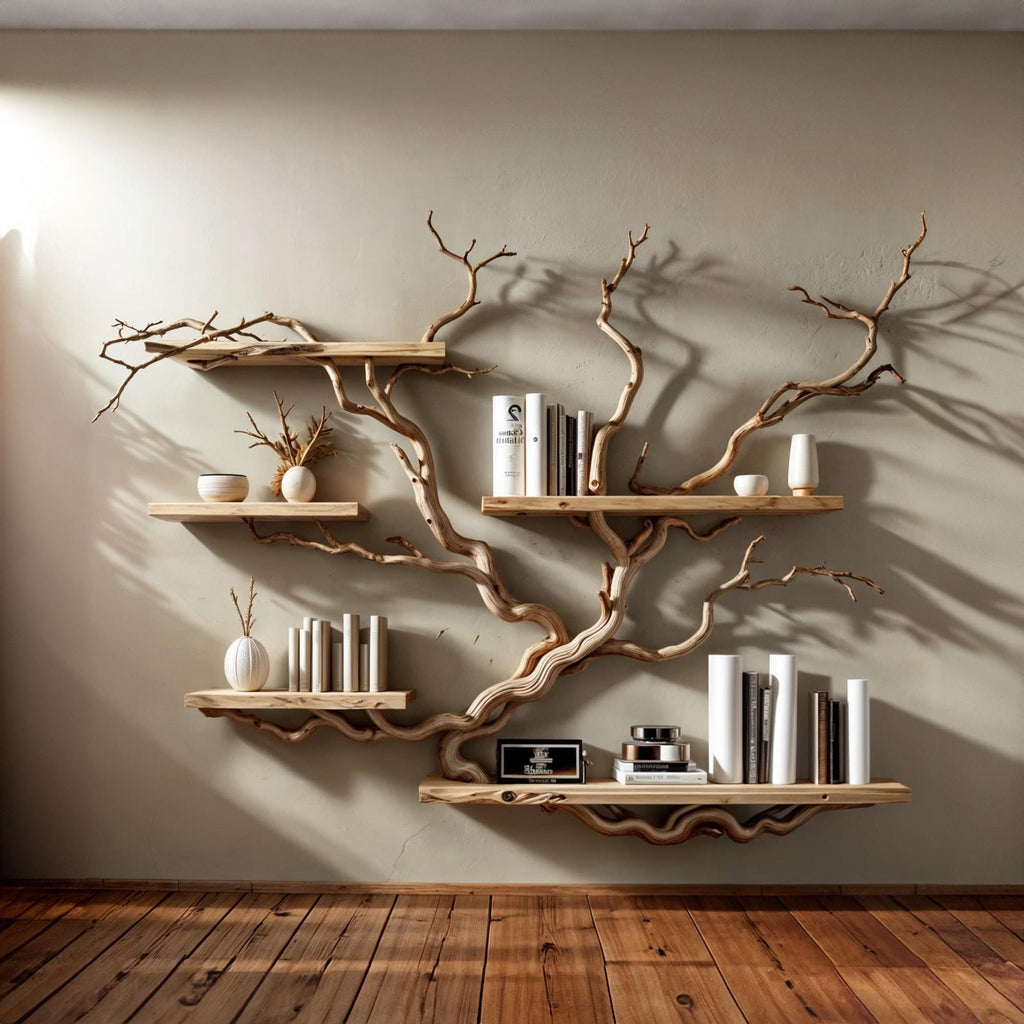 Tree Branch Floating Bookshelf with Driftwood Look, Wall Mounted