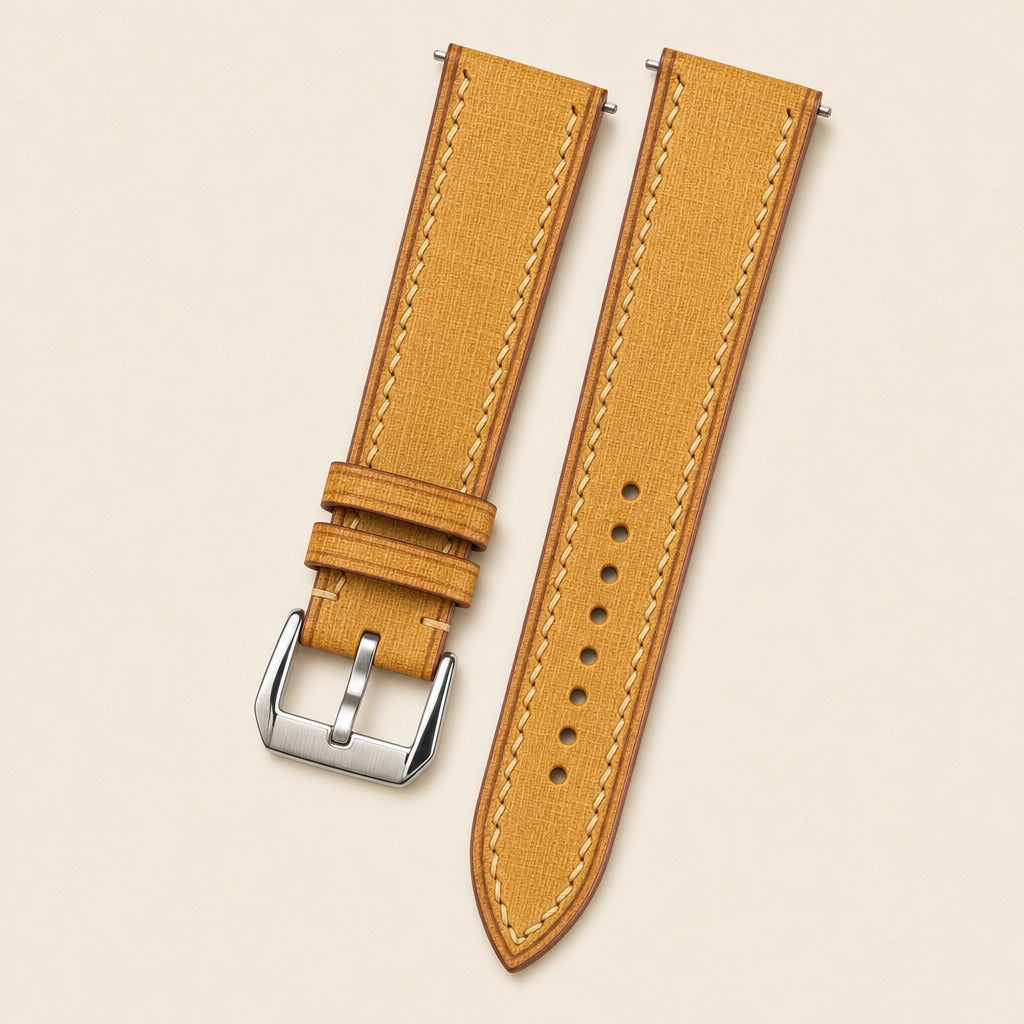 Yellow & Tan Babele Leather Watch Strap leather watch strap, flat lay