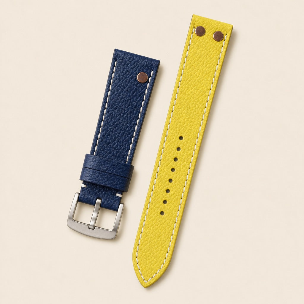 Yellow Blue Epsom Leather Watch Strap leather watch strap, flat lay