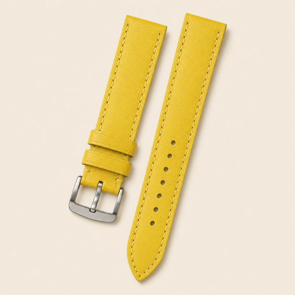 Yellow Saffiano Leather Watch Strap leather watch strap, flat lay