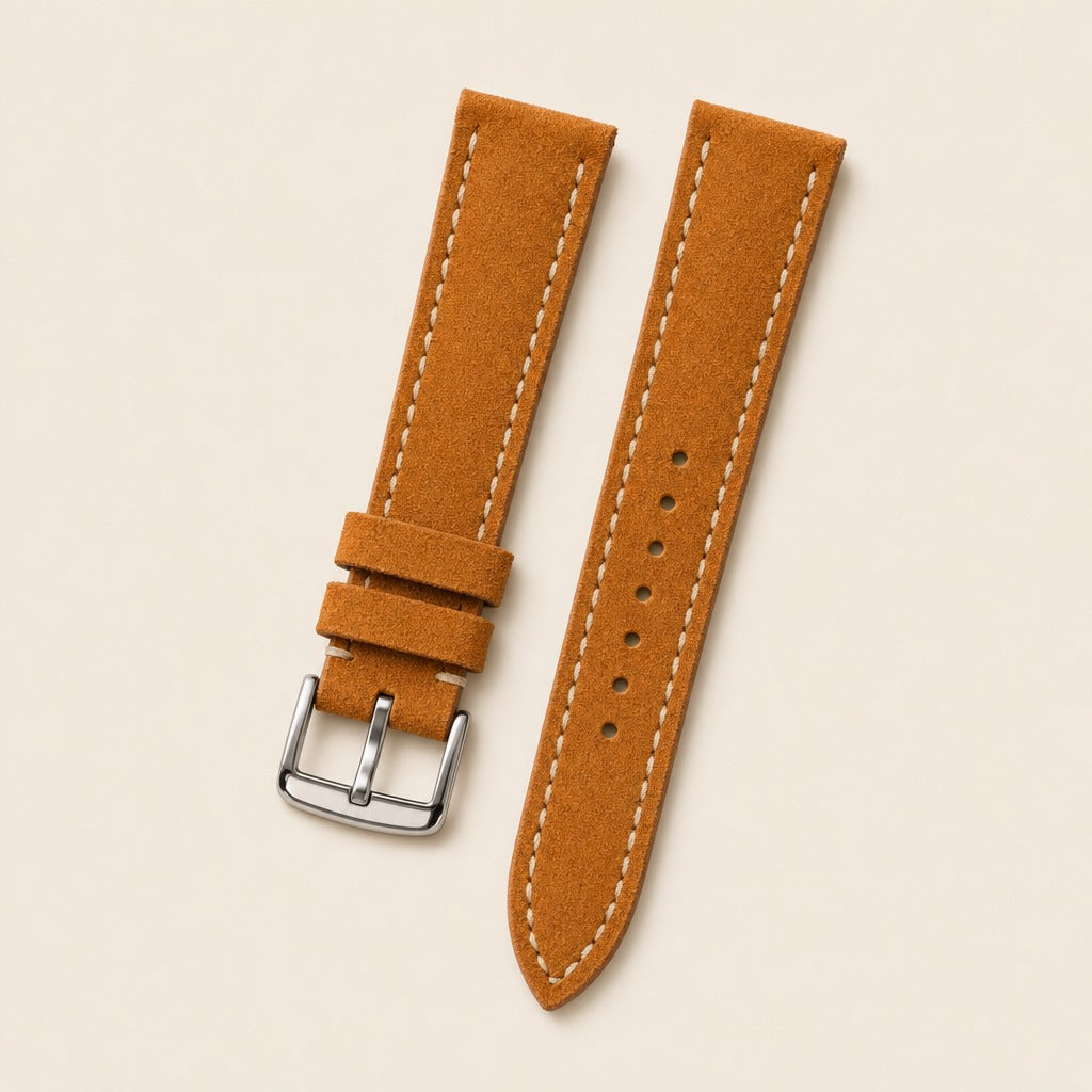 Yellow Suede Leather Watch Strap leather watch strap, flat lay