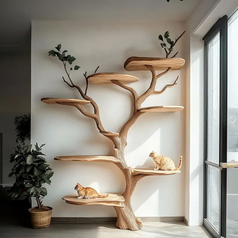 Handmade Large Wooden Cat Tree with Climbing Branches
